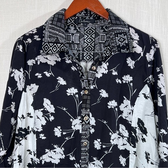 Calessa Black & White Floral Aztec Tunic Gold Button Shirt Dress Size L - Picture 2 of 12